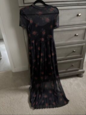 Black Floral Mesh Maxi Dress with Rose Print